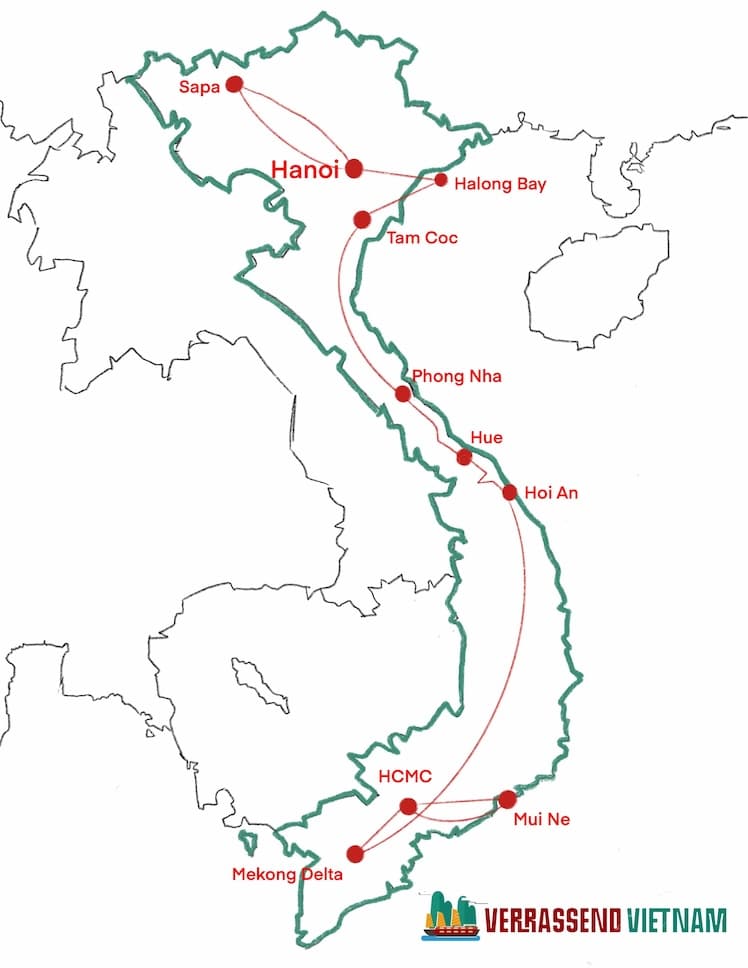 Route kaart familiereis Vietnam