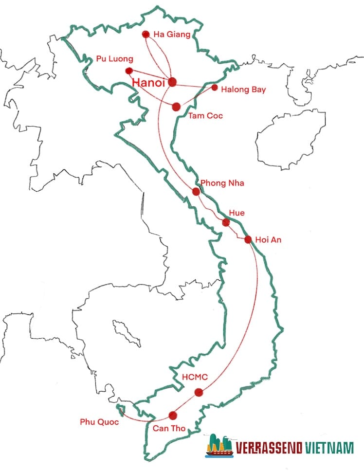 Kaart rondreis Vietnam 4 weken