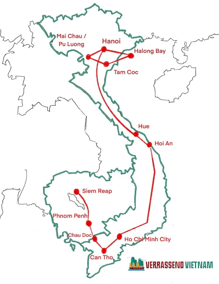 Kaart rondreis Vietnam en Cambodja.