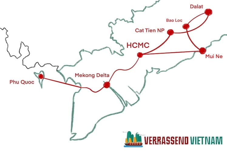 Kaart Rondreis Zuid Vietnam