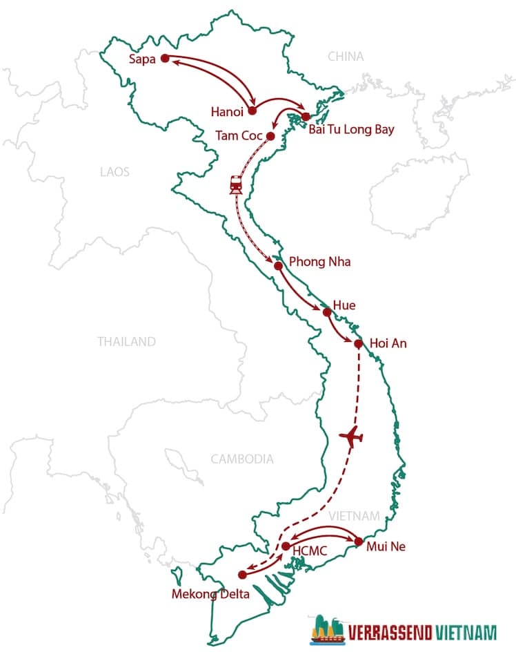 Routekaart familiereis Vietnam in 3 weken