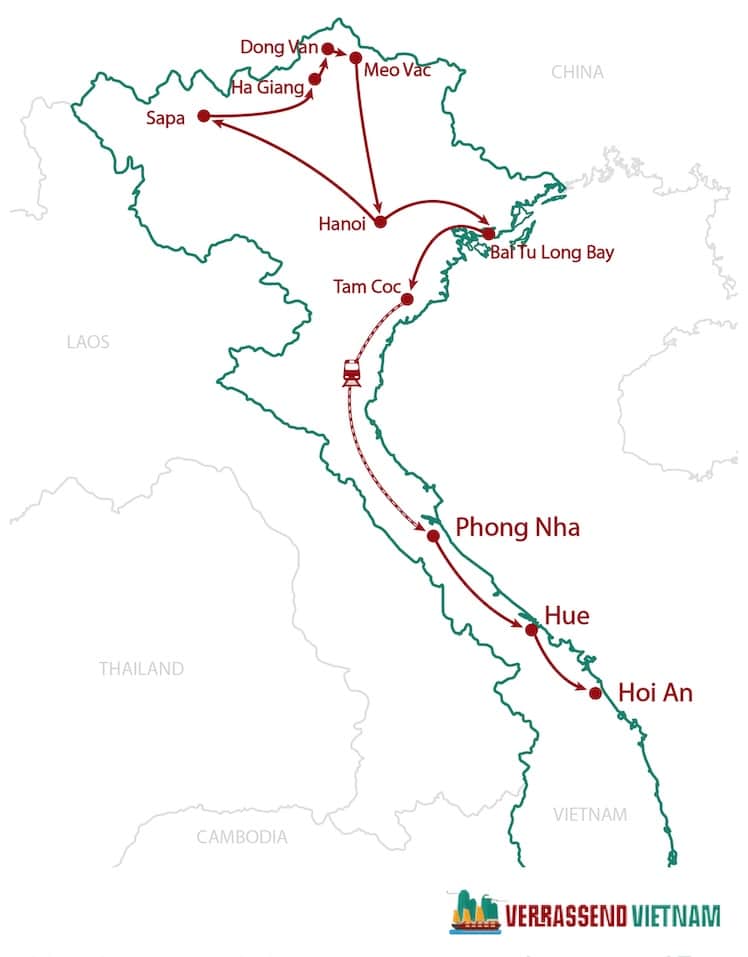 Routekaart rondreis Noord-en-Centraal-Vietnam
