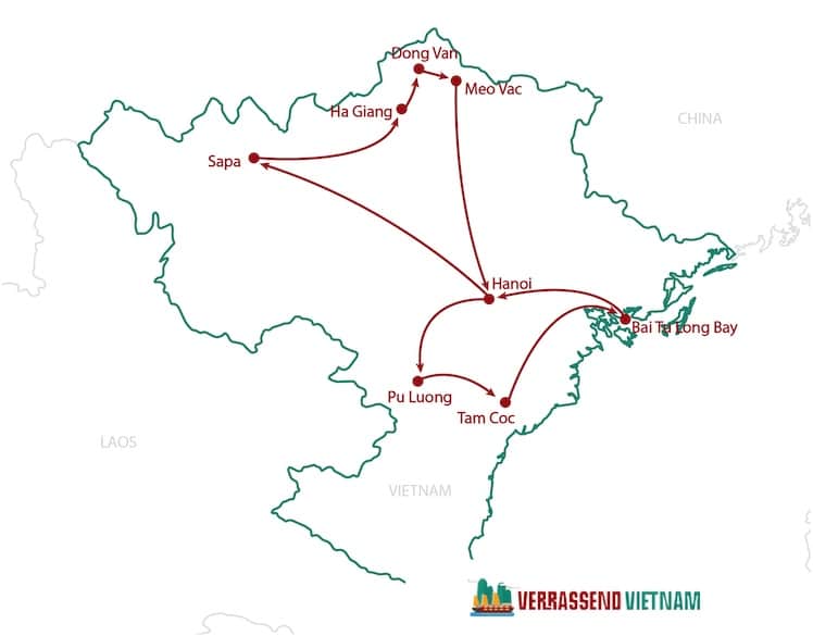 Routekaart rondreis Noord-Vietnam in 2 weken. 
