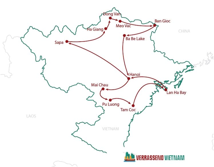 Routekaart rondreis Noord-Vietnam 3 weken