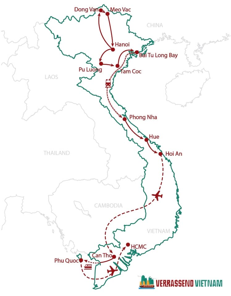 Routekaart Rondreis Vietnam in 4 weken van noord naar zuid.