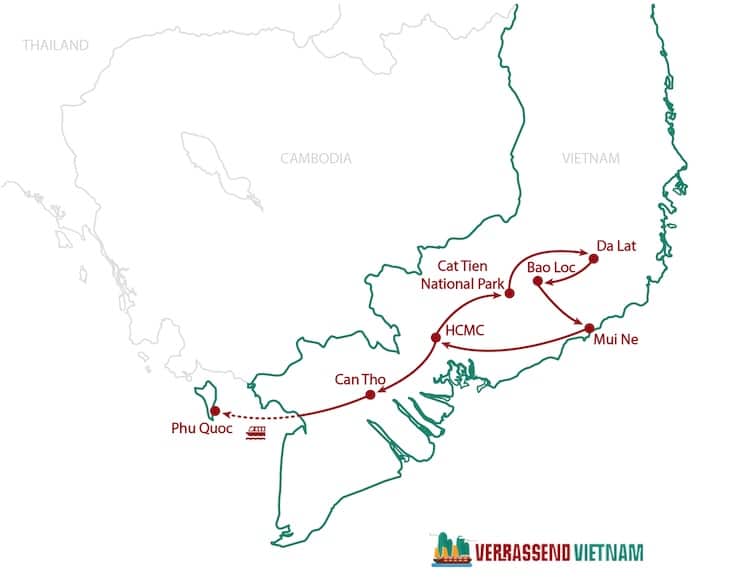 Routekaart rondreis Zuid-Vietnam 2 weken.