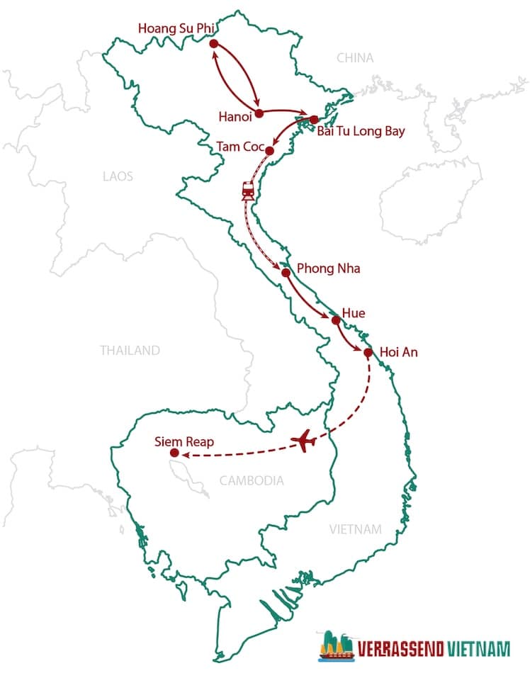 Routekaart van de rondreis door Noord en Centraal Vietnam en Cambodja