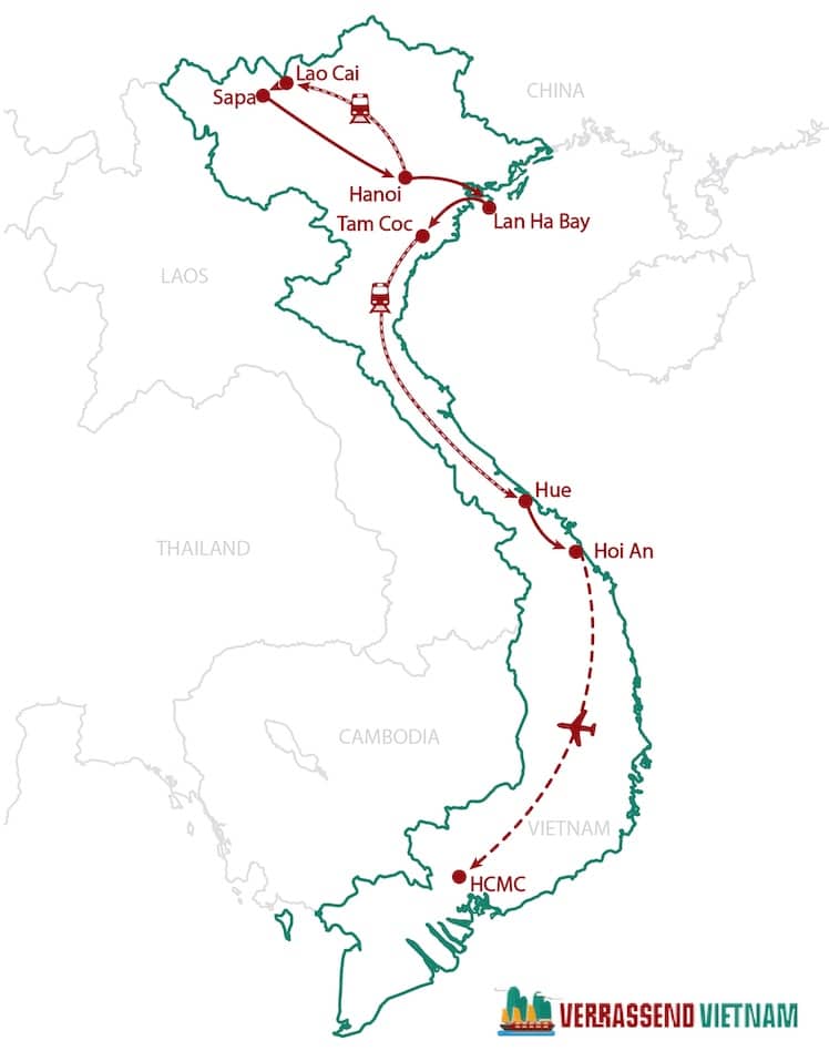 Kaart met route 14 daagse rondreis Vietnam. 