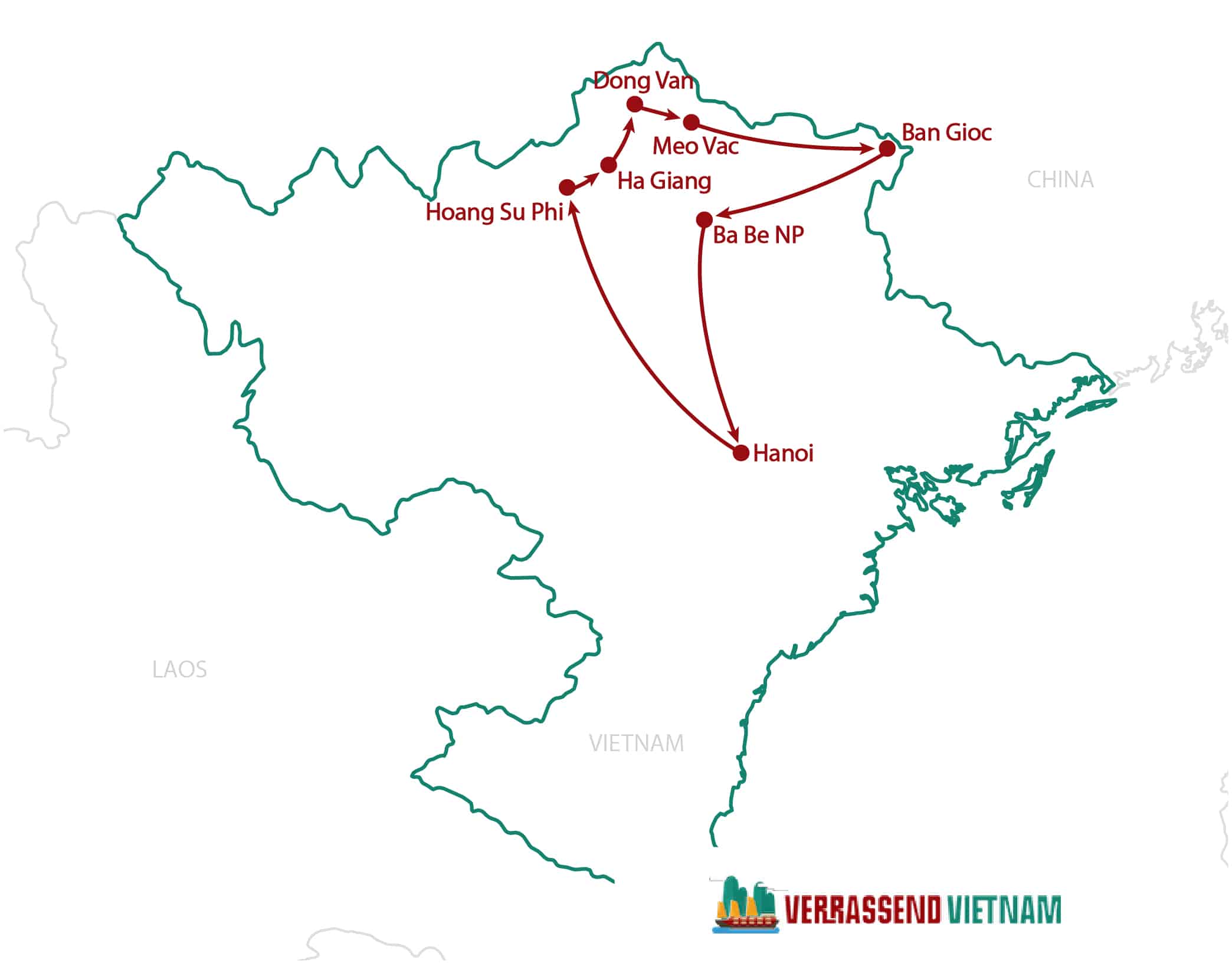 routekaart 10 dagen rondreis noordoost-Vietnam