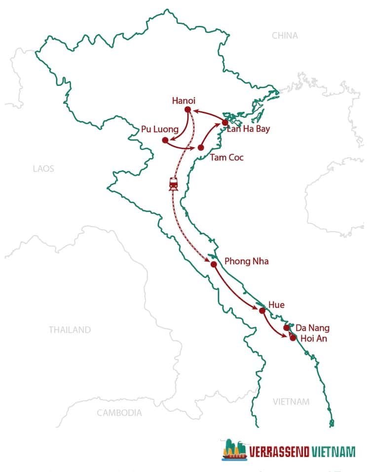 Route kaart 15 dagen noord-en-centraal-Vietnam