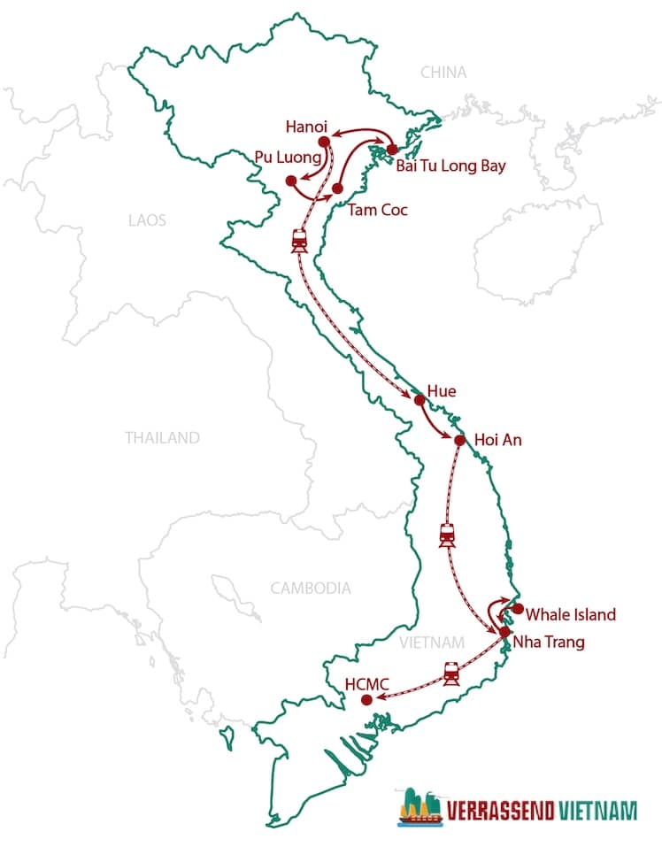 Routekaart 18 daagse familiereis Vietnam met Whale Isalnd