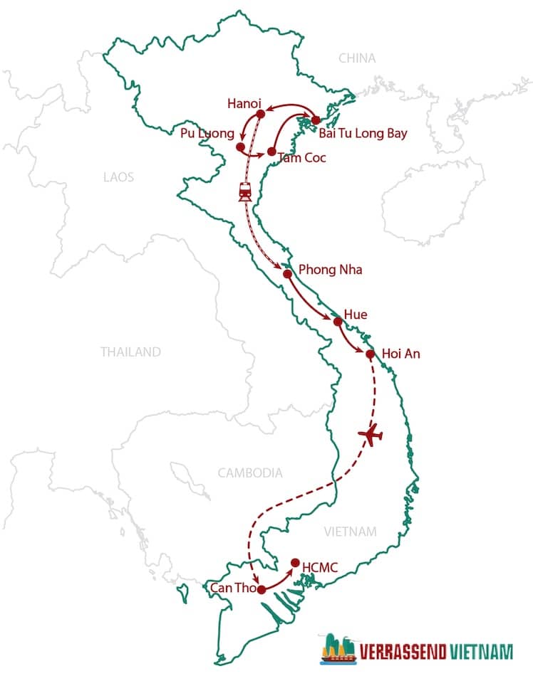 Route kaart 22 daagse familiereis in rustig tempo van noord naar zuid Vietnam.