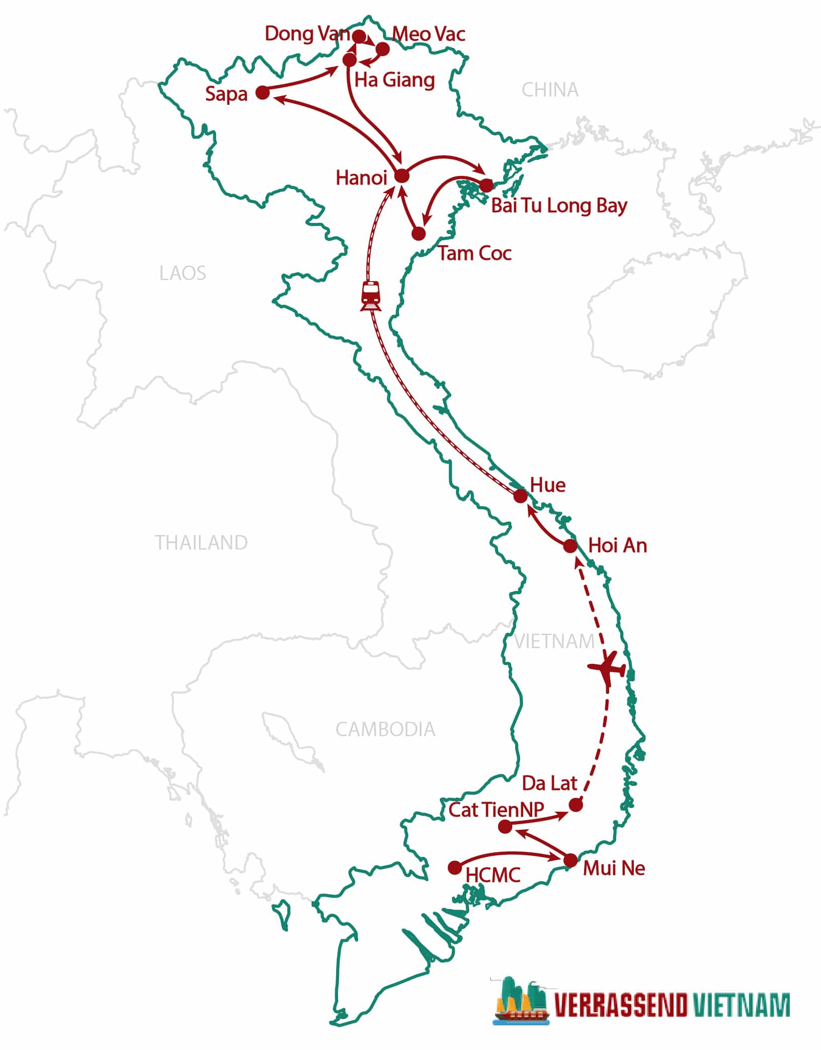 kaart-28-dagen-rondreis-zuid-naar-noord-vietnam Routekaart 28 dagen rondreis zuid naar noord Vietnam