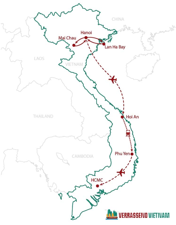 Routekaart luxe Vietnam reis in 15 dagen.