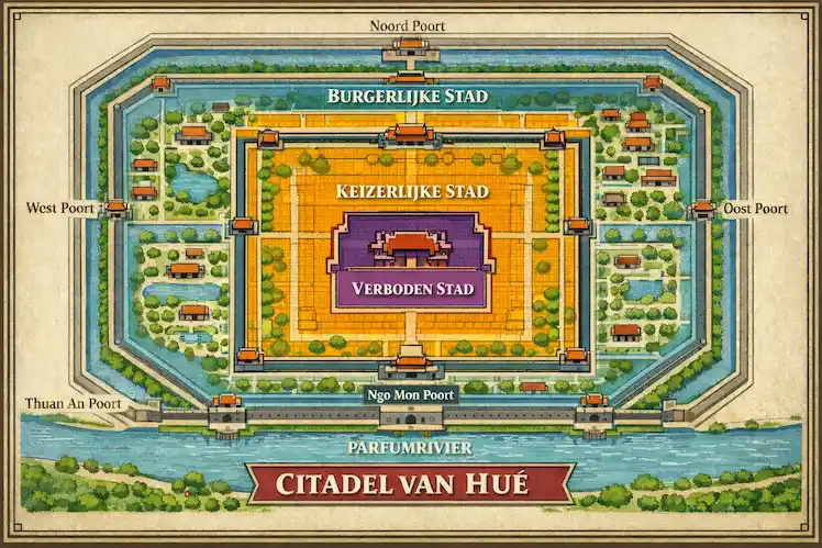 Kaart van de citadel met de burgerlijke, keizerlijke en verboden stad geduid. 